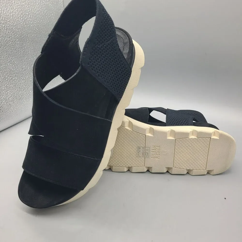Eileen Fisher Chant  Black Leather/ Mesh Platform Wedge Sandal Sz 7.5 floor pair